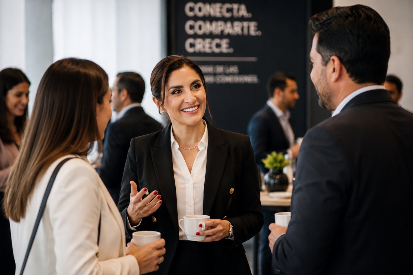 Dos personas conversando con café en una cafetería